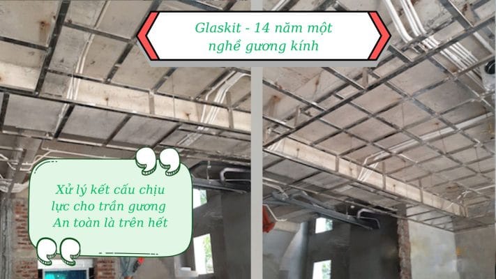 Làm khung sắt cho trần gương để đảm bảo khả năng chịu lực an toàn